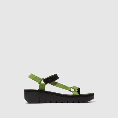 Black / Green Fly London Velcro Women's Sandals | USA26RZNB