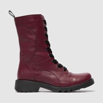 Burgundy / Black Fly London Lace Up Women's Mid Calf Boots | USA04NRTE