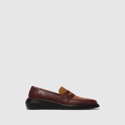 Burgundy / Cuoio Fly London Slip-on Women's Loafers | USA48DECX