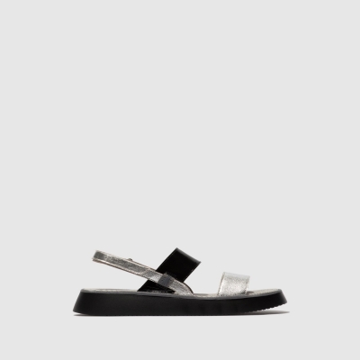 Silver / Black Fly London Sling-Back Women's Sandals | USA92BVSF