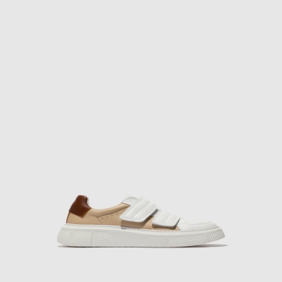 White / Beige / Brown Fly London Velcro Women's Trainers | USA21WUBR