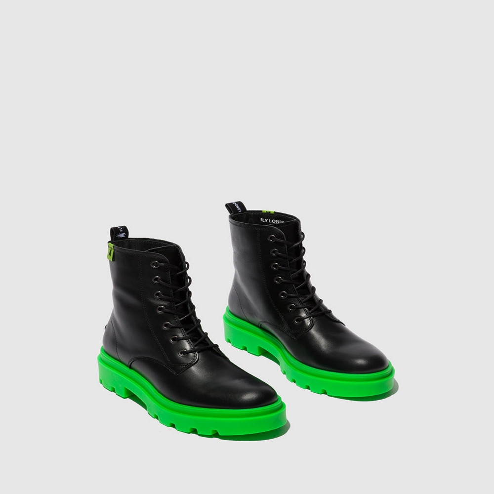 Black / Green Fly London Lace-up Women's Ankle Boots | USA46OIBS