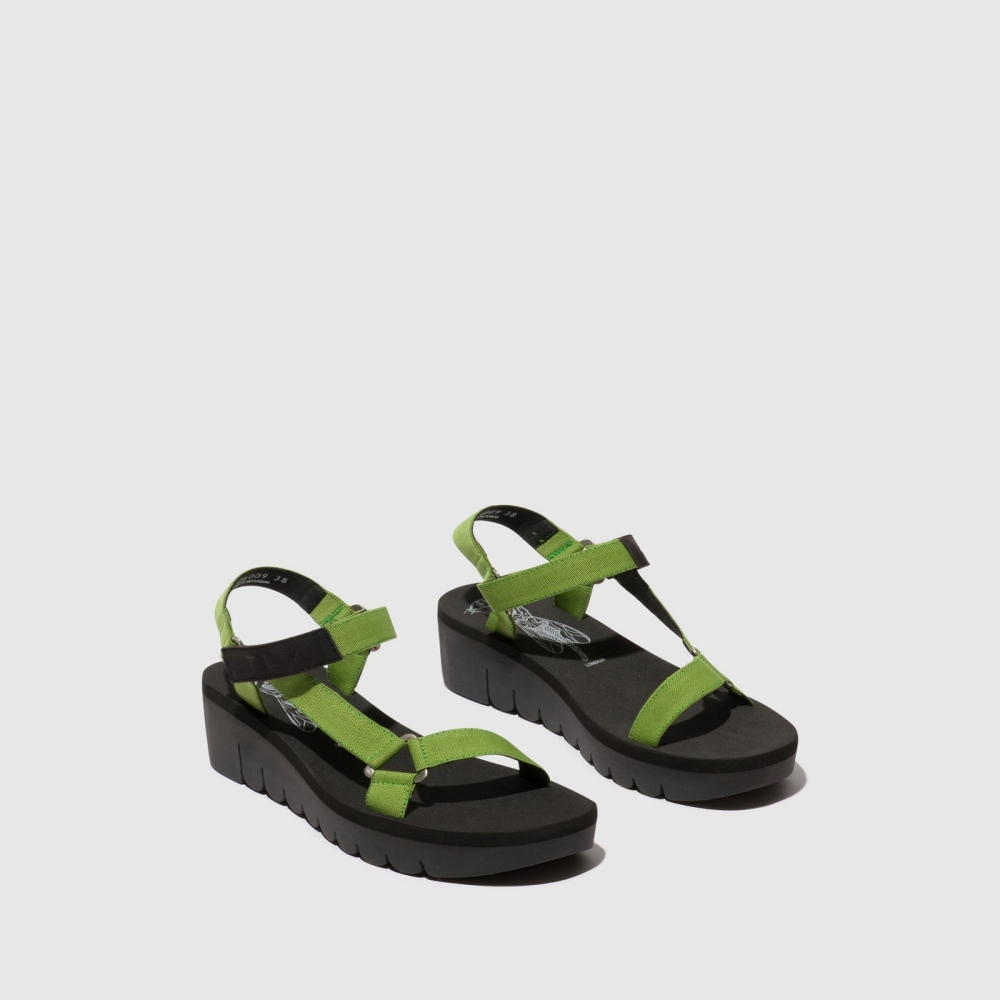 Black / Green Fly London Velcro Women's Sandals | USA26RZNB