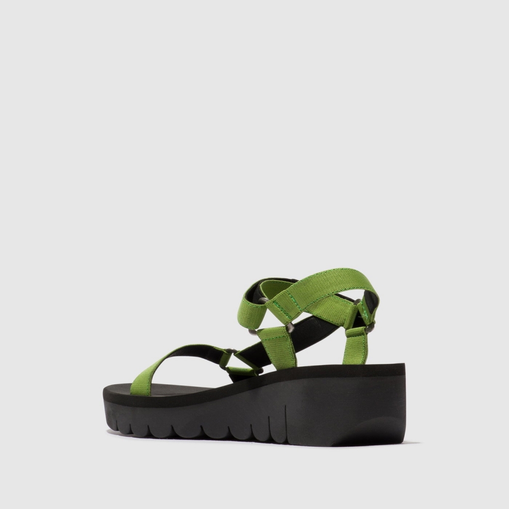 Black / Green Fly London Velcro Women's Sandals | USA26RZNB