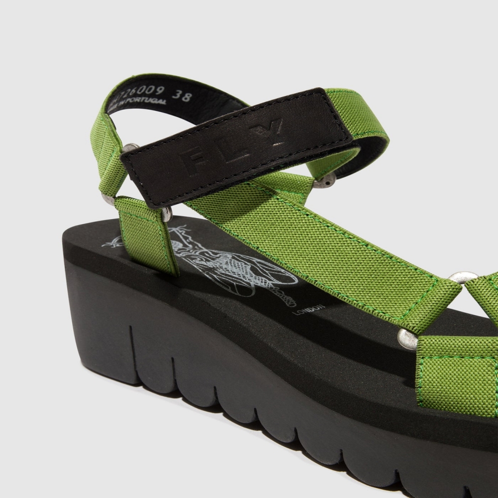 Black / Green Fly London Velcro Women's Sandals | USA26RZNB