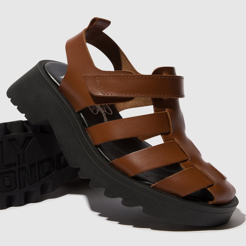 Brown Fly London Strappy Women's Sandals | USA39SGMQ