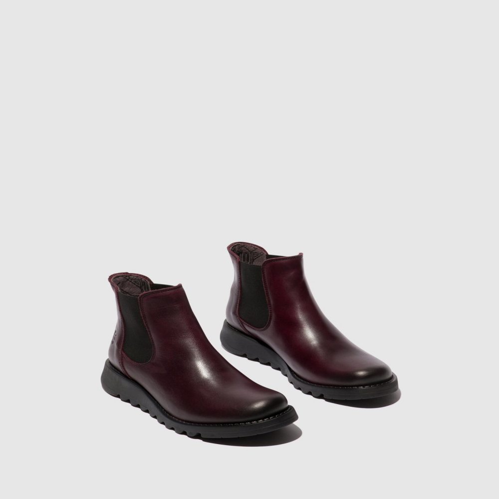 Burgundy / Black Fly London Chelsea SALV Women's Ankle Boots | USA38NQXP