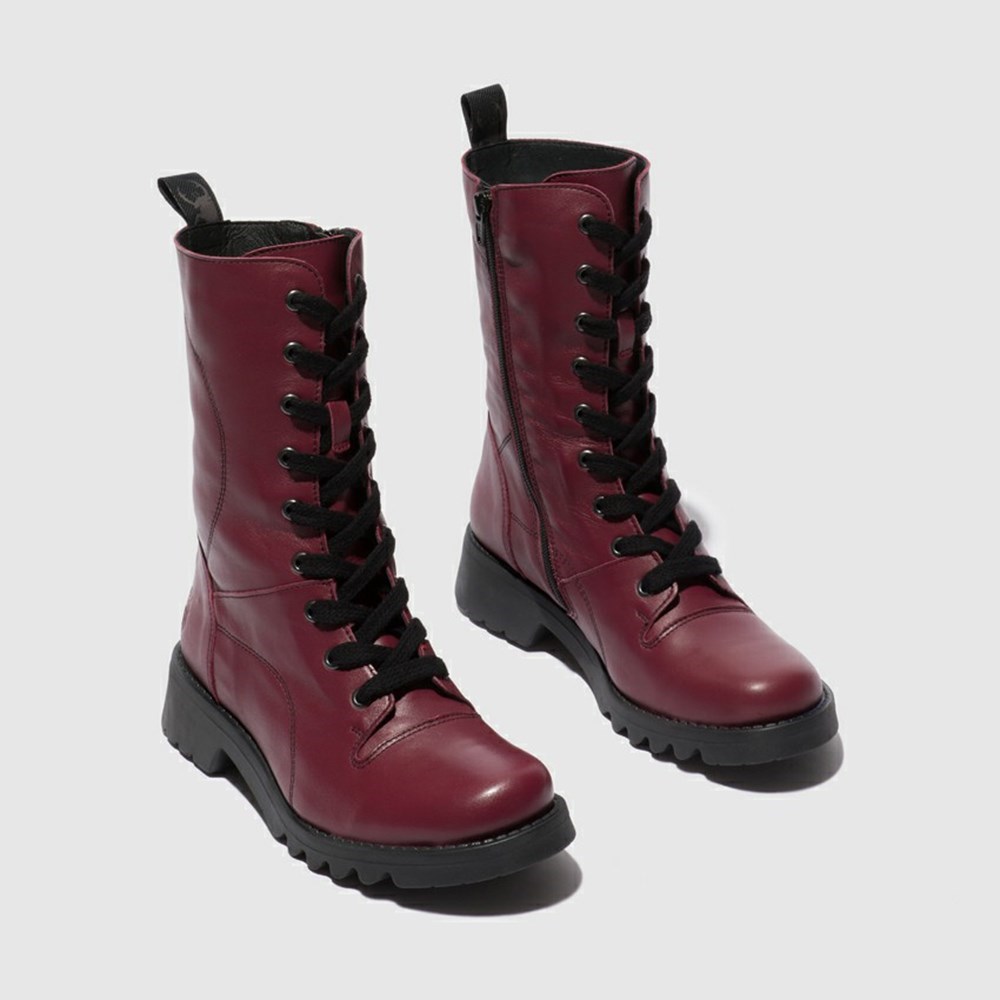 Burgundy / Black Fly London Lace Up Women's Mid Calf Boots | USA04NRTE