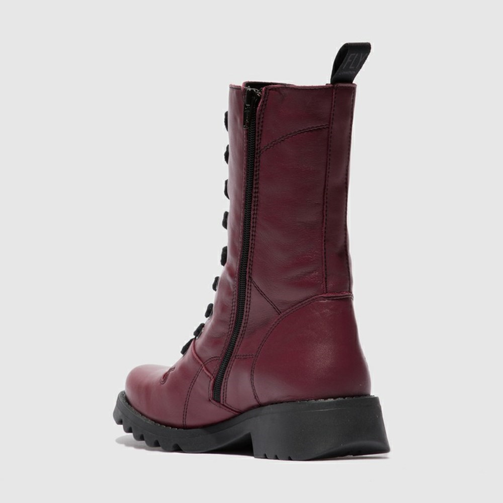 Burgundy / Black Fly London Lace Up Women's Mid Calf Boots | USA04NRTE