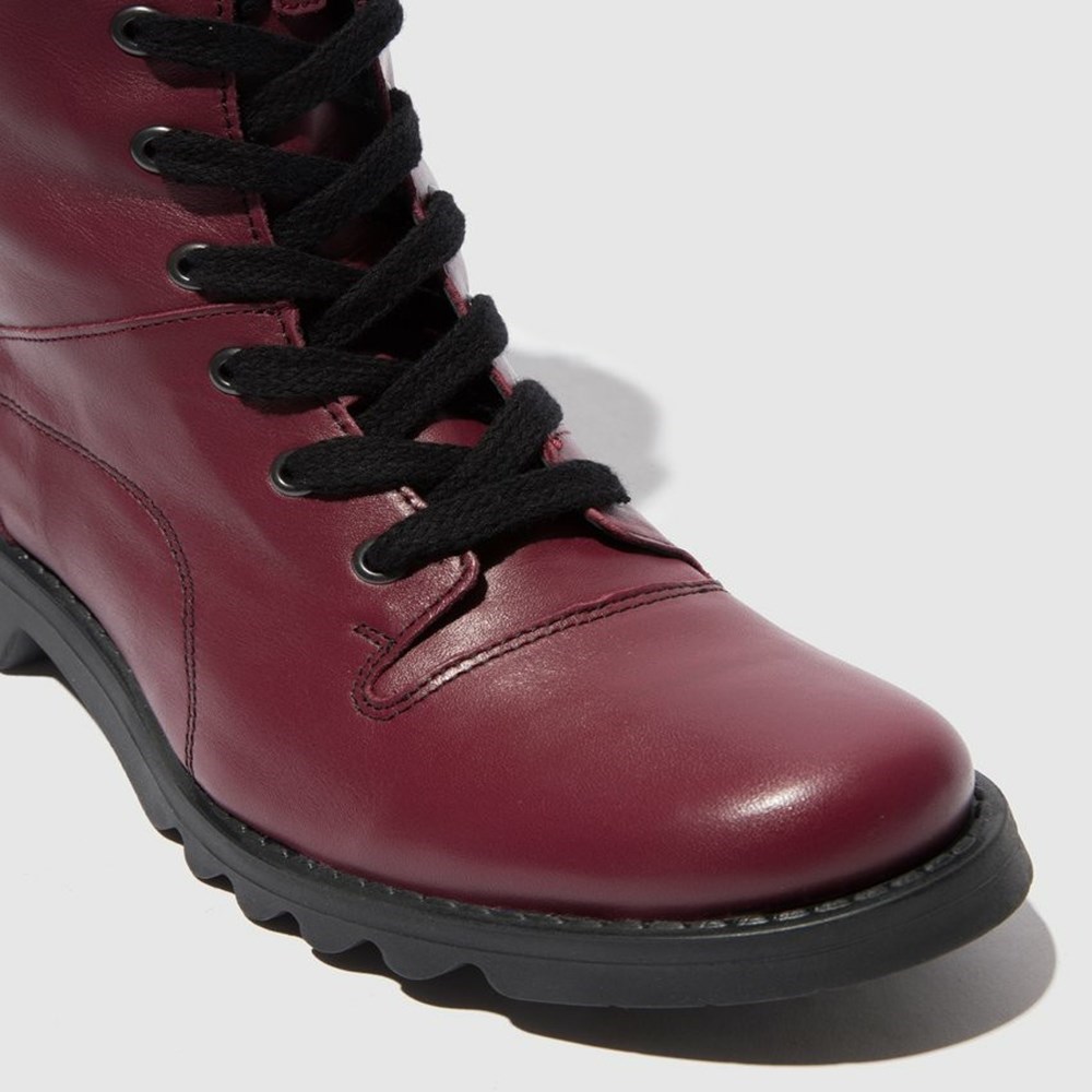 Burgundy / Black Fly London Lace Up Women's Ankle Boots | USA63RWPS