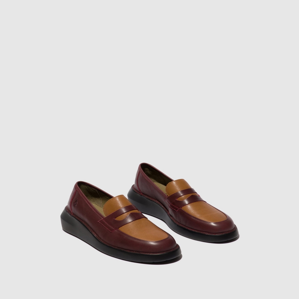 Burgundy / Cuoio Fly London Slip-on Women's Loafers | USA48DECX