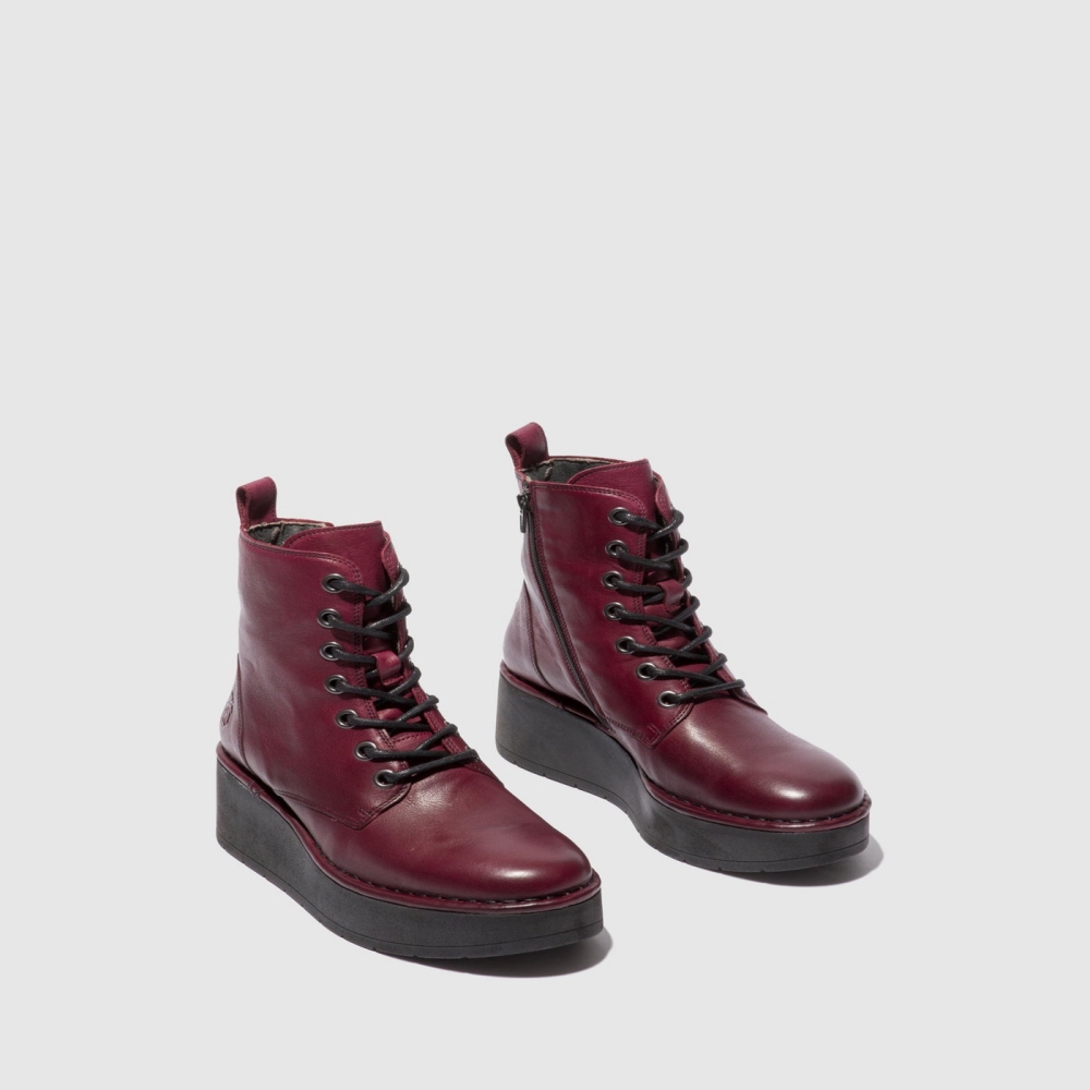 Burgundy Fly London Lace-up Women's Ankle Boots | USA72GIZN