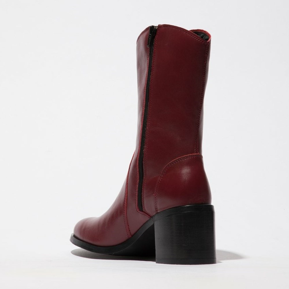 Burgundy Fly London Upper Leather Women's Mid Calf Boots | USA59ZGQJ