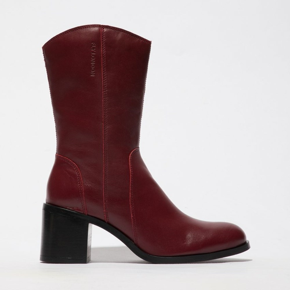 Burgundy Fly London Upper Leather Women\'s Mid Calf Boots | USA59ZGQJ