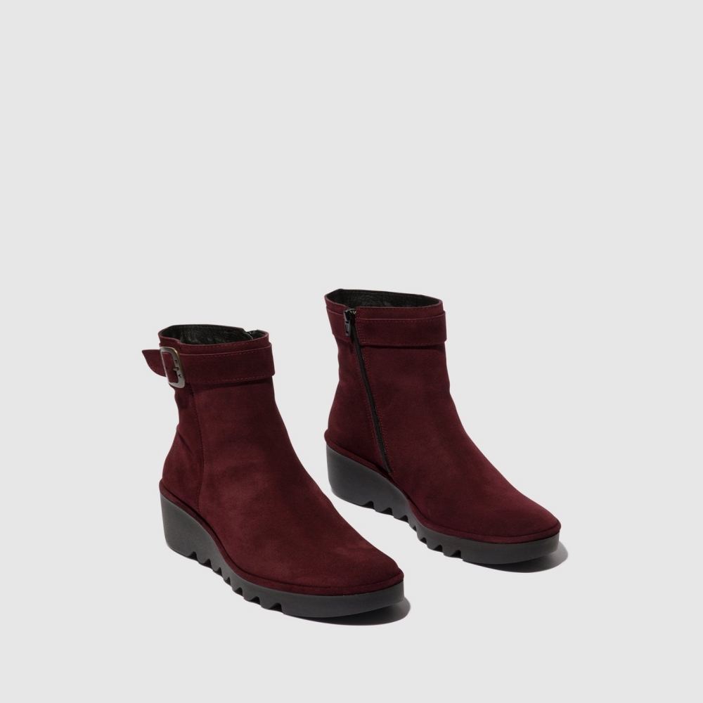 Burgundy Fly London Zip Up Women's Ankle Boots | USA68VOKD