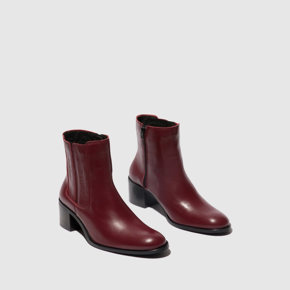 Burgundy Fly London Zip Up Women's Ankle Boots | USA69BXRM