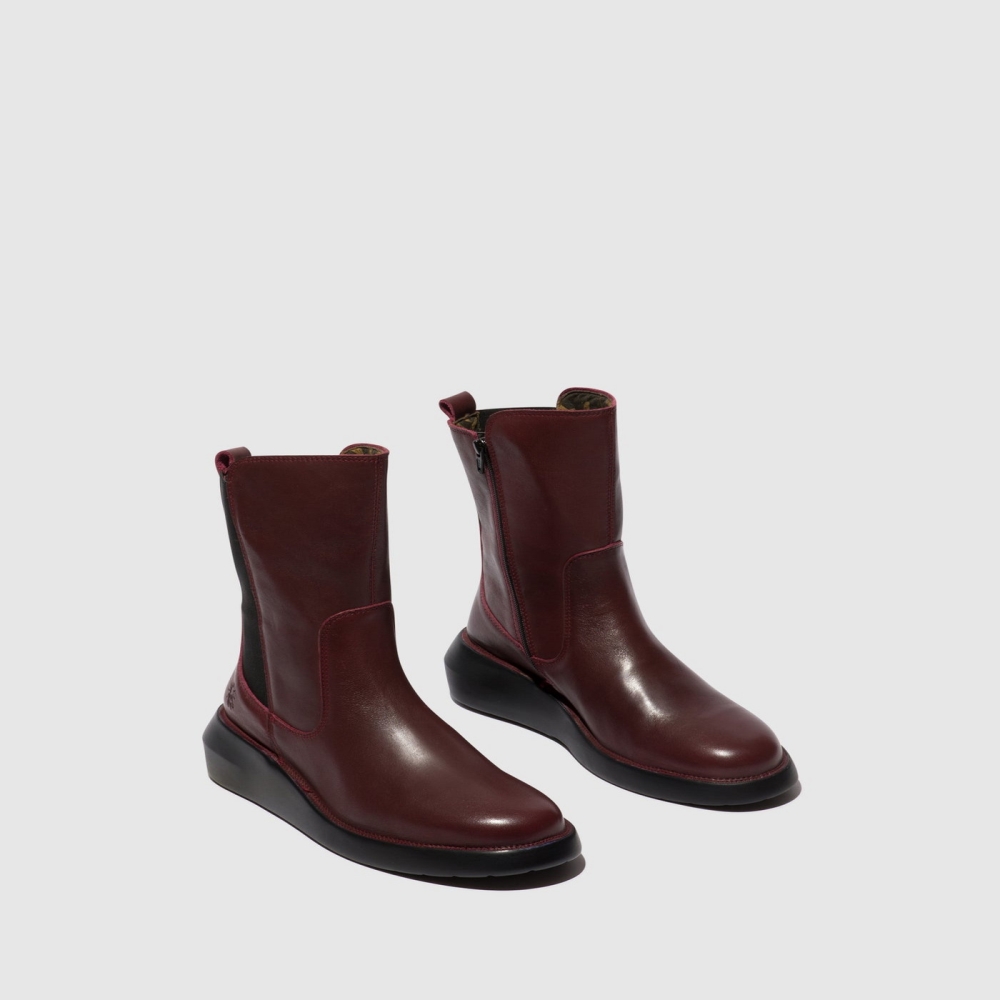 Burgundy Fly London Zip Up Women's Ankle Boots | USA74HPTD