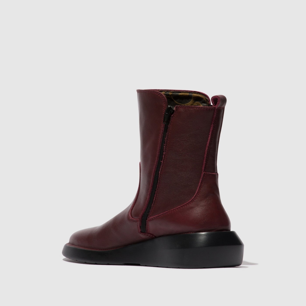 Burgundy Fly London Zip Up Women's Ankle Boots | USA74HPTD