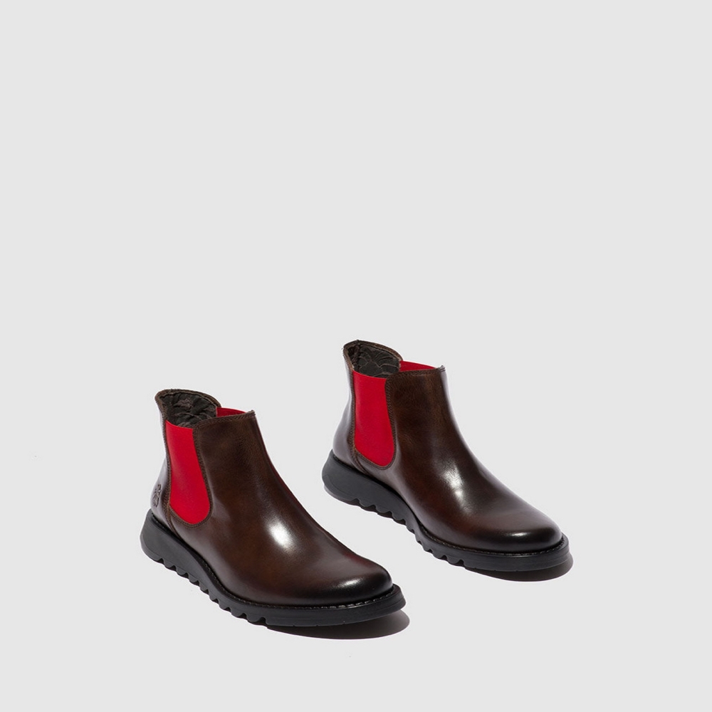 Dark Brown / Red Fly London Chelsea Women's Ankle Boots | USA63FLAB