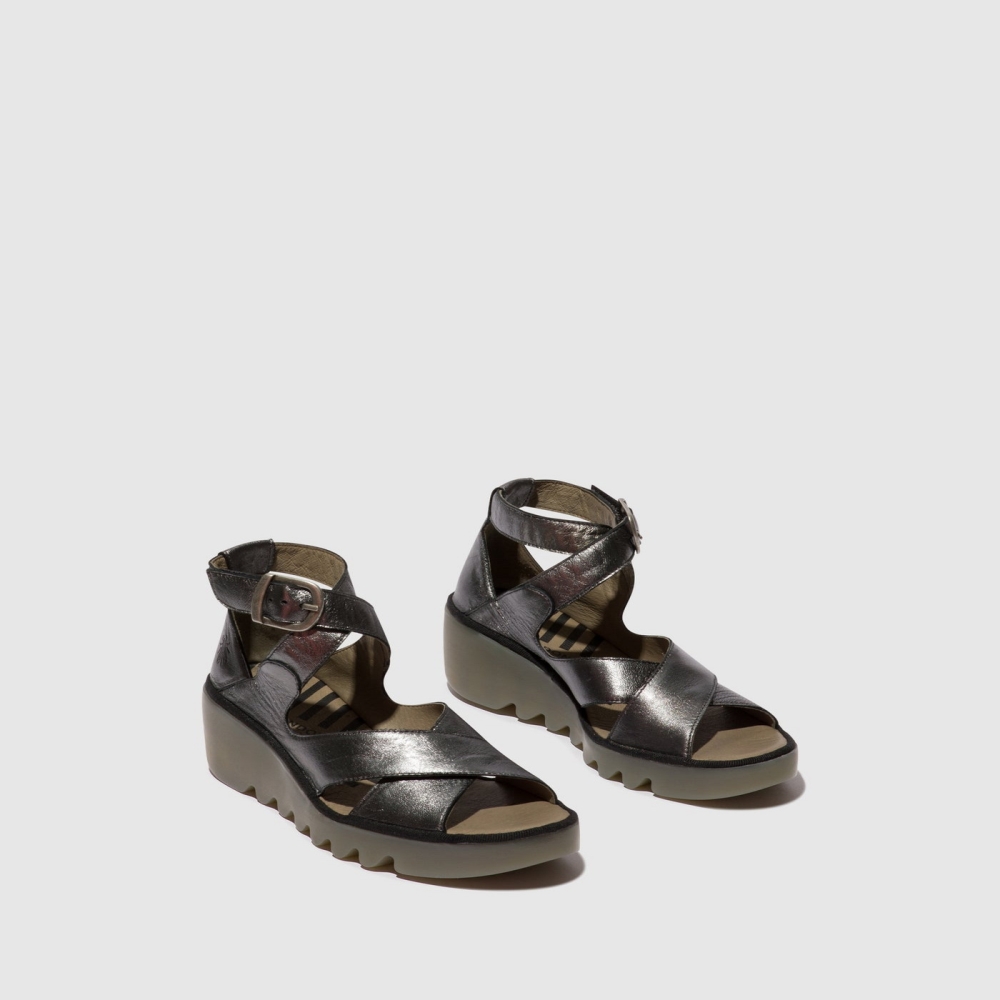 Deep Grey Fly London Buckle Women's Sandals | USA52JOIB