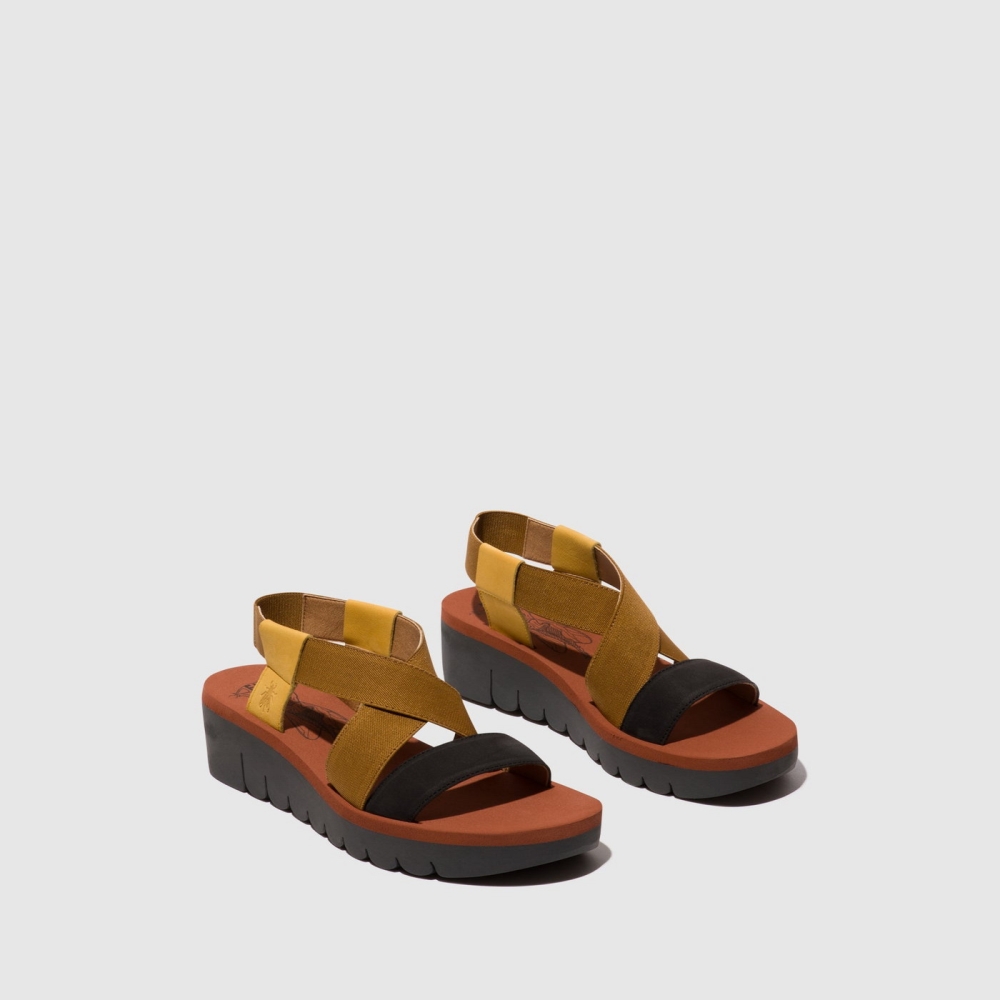 Deep Yellow / Brown / Black Fly London Sling-Back Women's Sandals | USA15YDMT