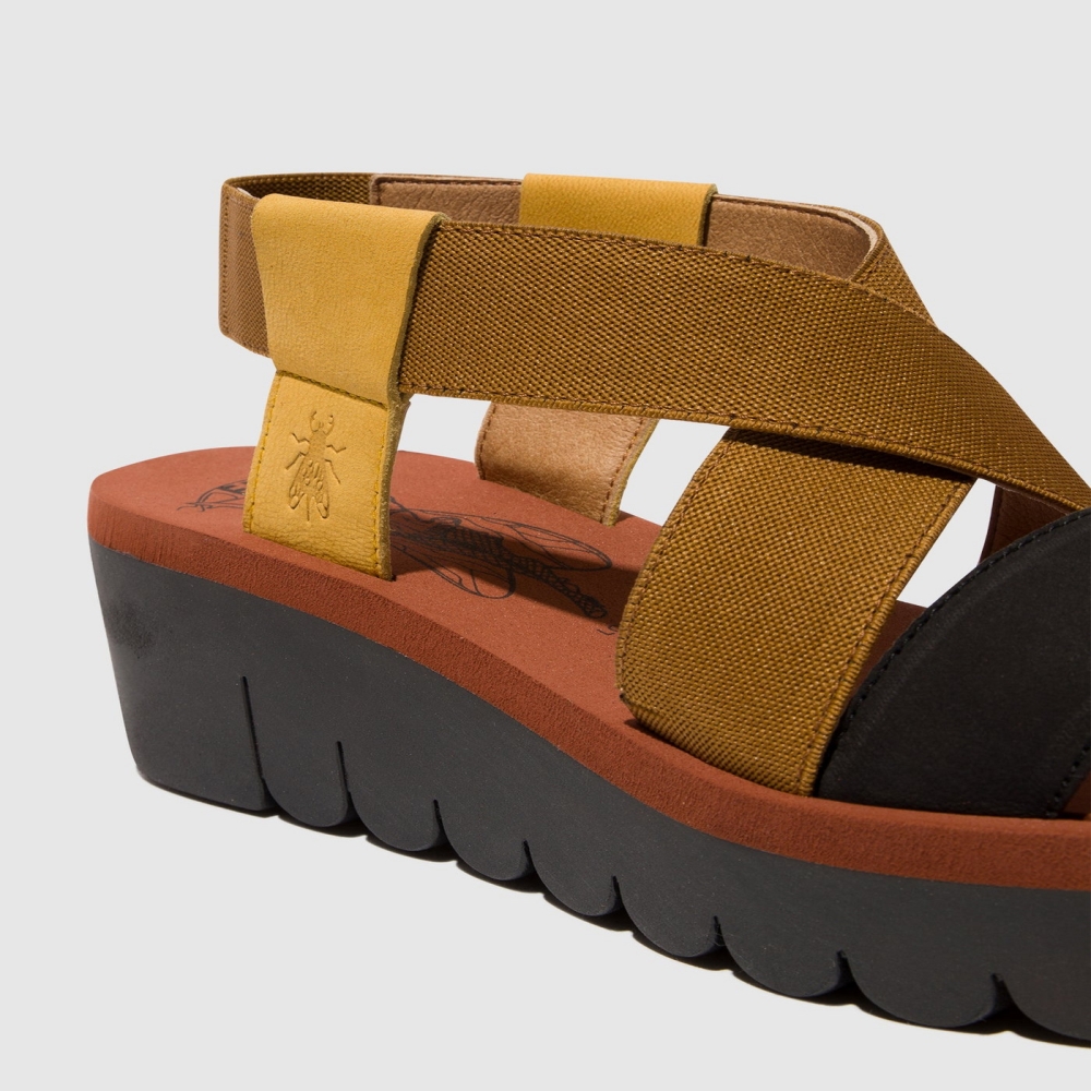 Deep Yellow / Brown / Black Fly London Sling-Back Women's Sandals | USA15YDMT