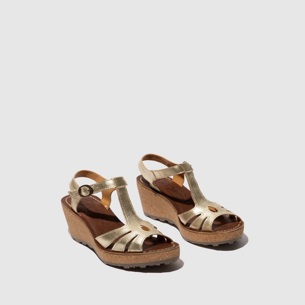 Gold Fly London T-Strap Women's Sandals | USA23BYXN