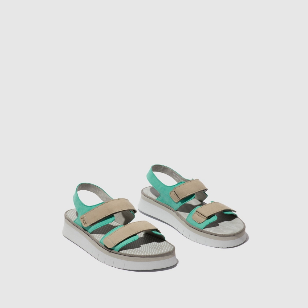 Green / Silver Fly London Sling-Back Women's Sandals | USA49NQJE