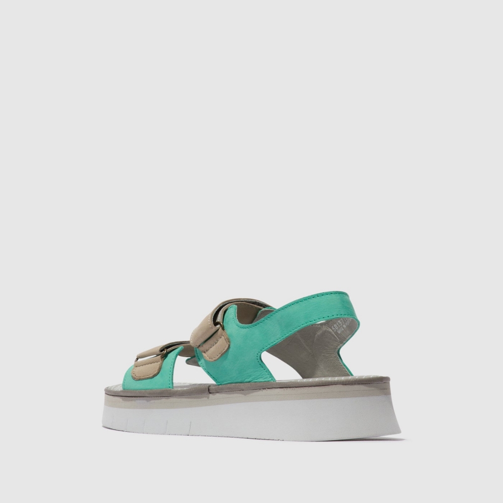 Green / Silver Fly London Sling-Back Women's Sandals | USA49NQJE