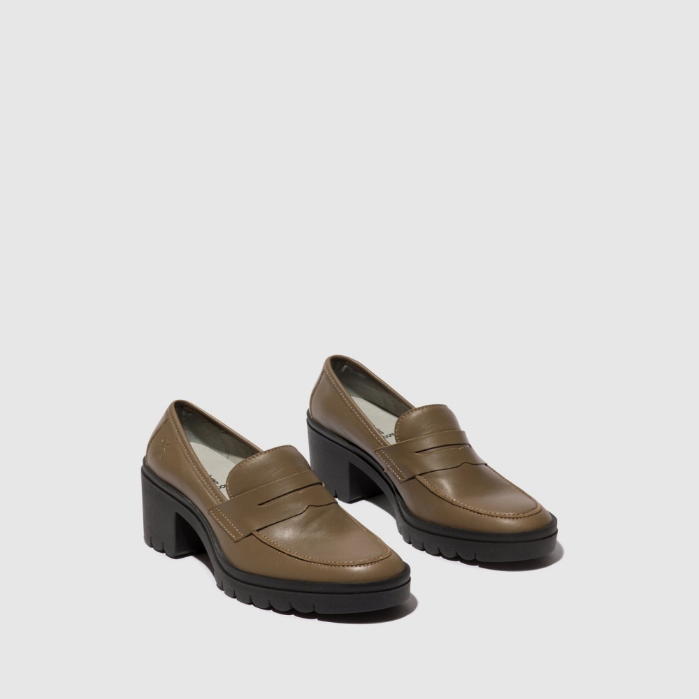 Grey Brown Fly London Slip-on Women's Loafers | USA79ANHV