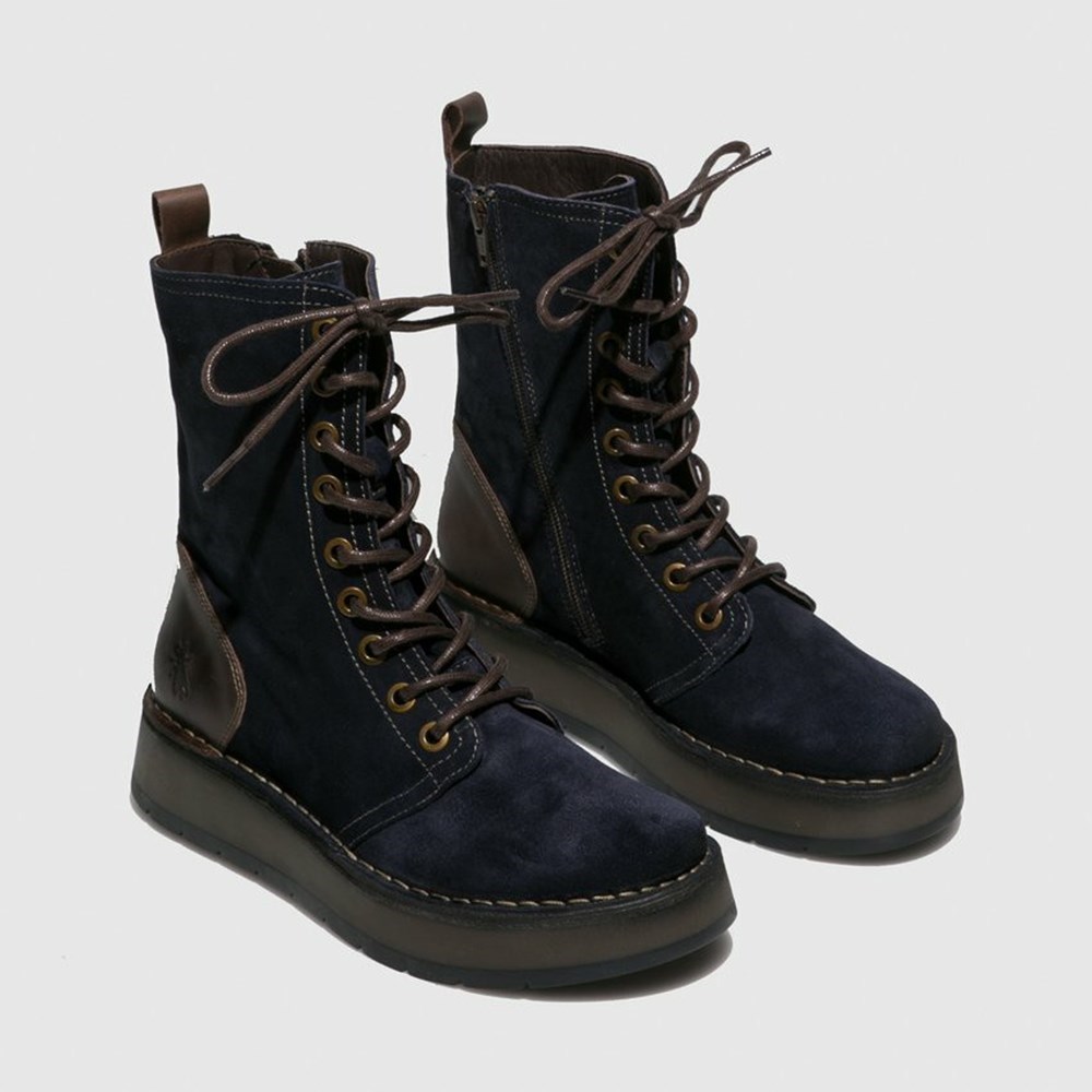 Navy / Brown Fly London Lace Up Women's Mid Calf Boots | USA95VYWH