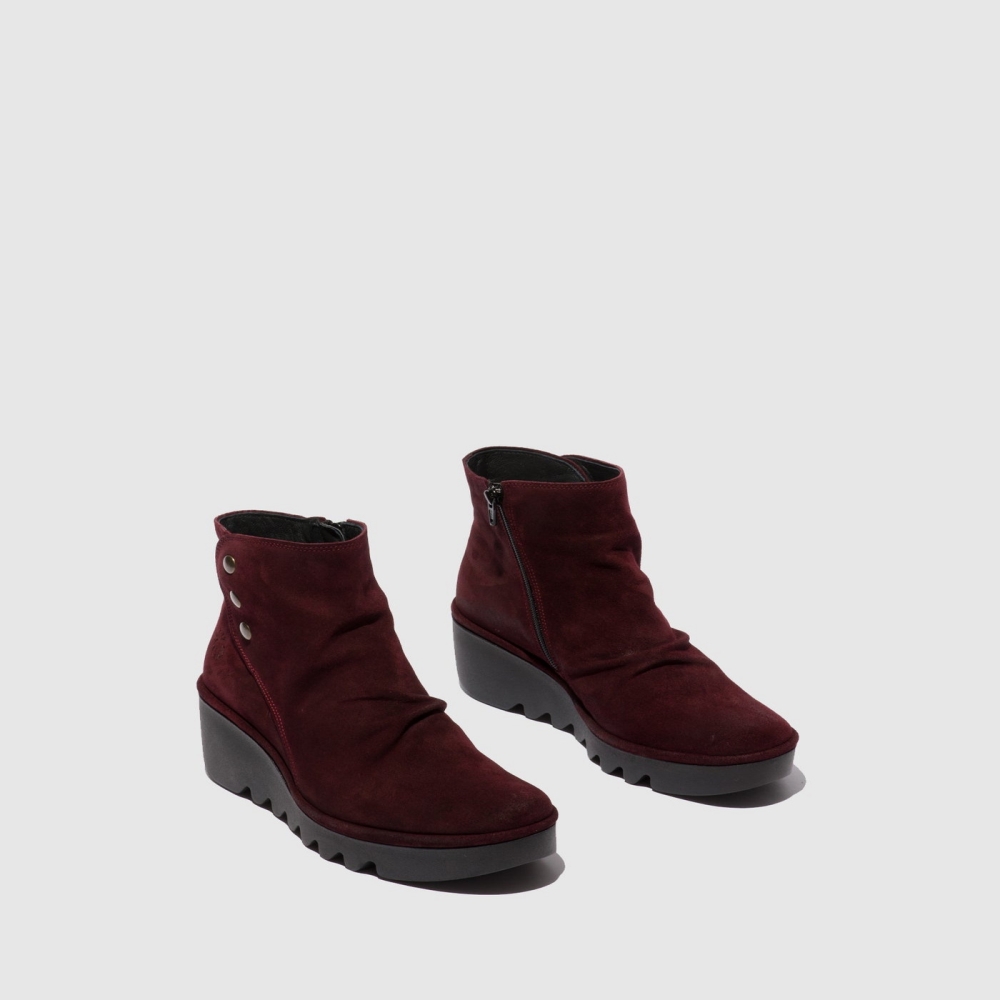 Oilsuede Burgundy Fly London Zip Up Women's Ankle Boots | USA02QRLG