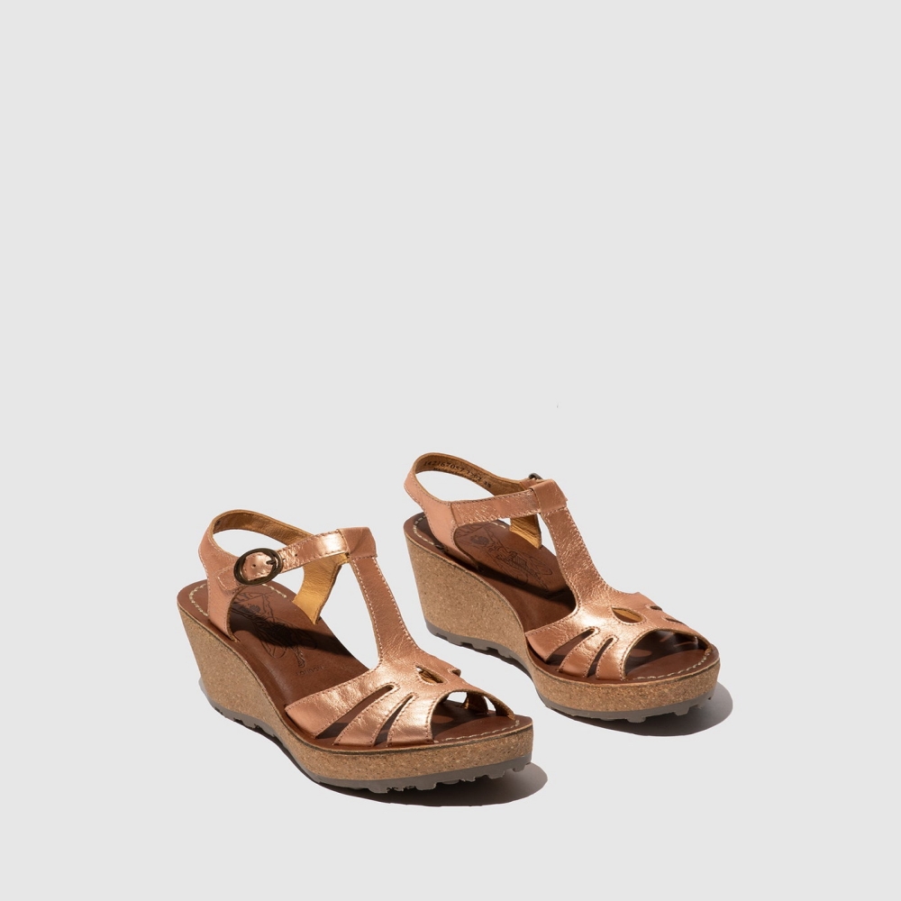 Pink Gold Fly London T-Strap Women's Sandals | USA32EQIB