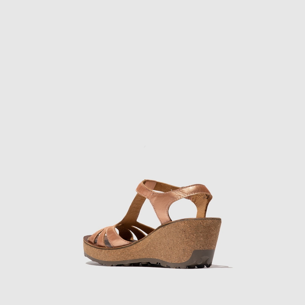 Pink Gold Fly London T-Strap Women's Sandals | USA32EQIB