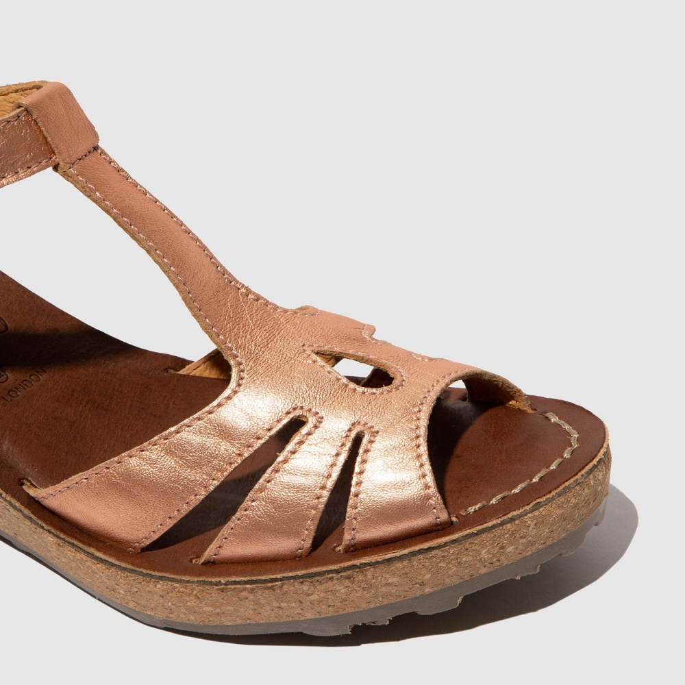 Pink Gold Fly London T-Strap Women's Sandals | USA32EQIB