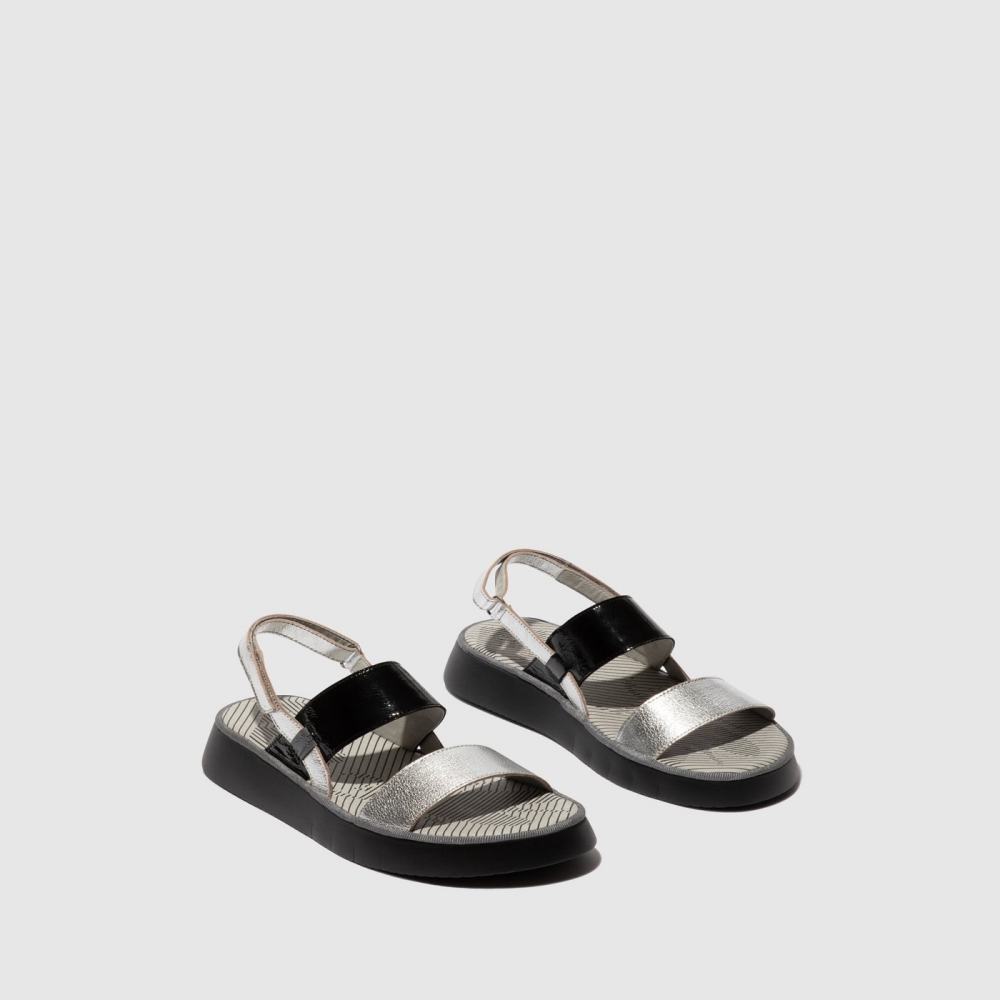 Silver / Black Fly London Sling-Back Women's Sandals | USA92BVSF