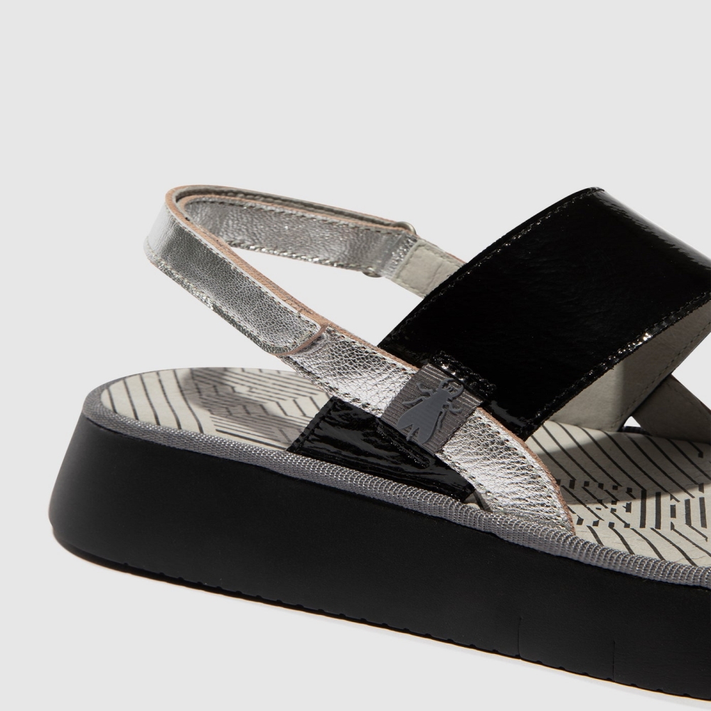 Silver / Black Fly London Sling-Back Women's Sandals | USA92BVSF