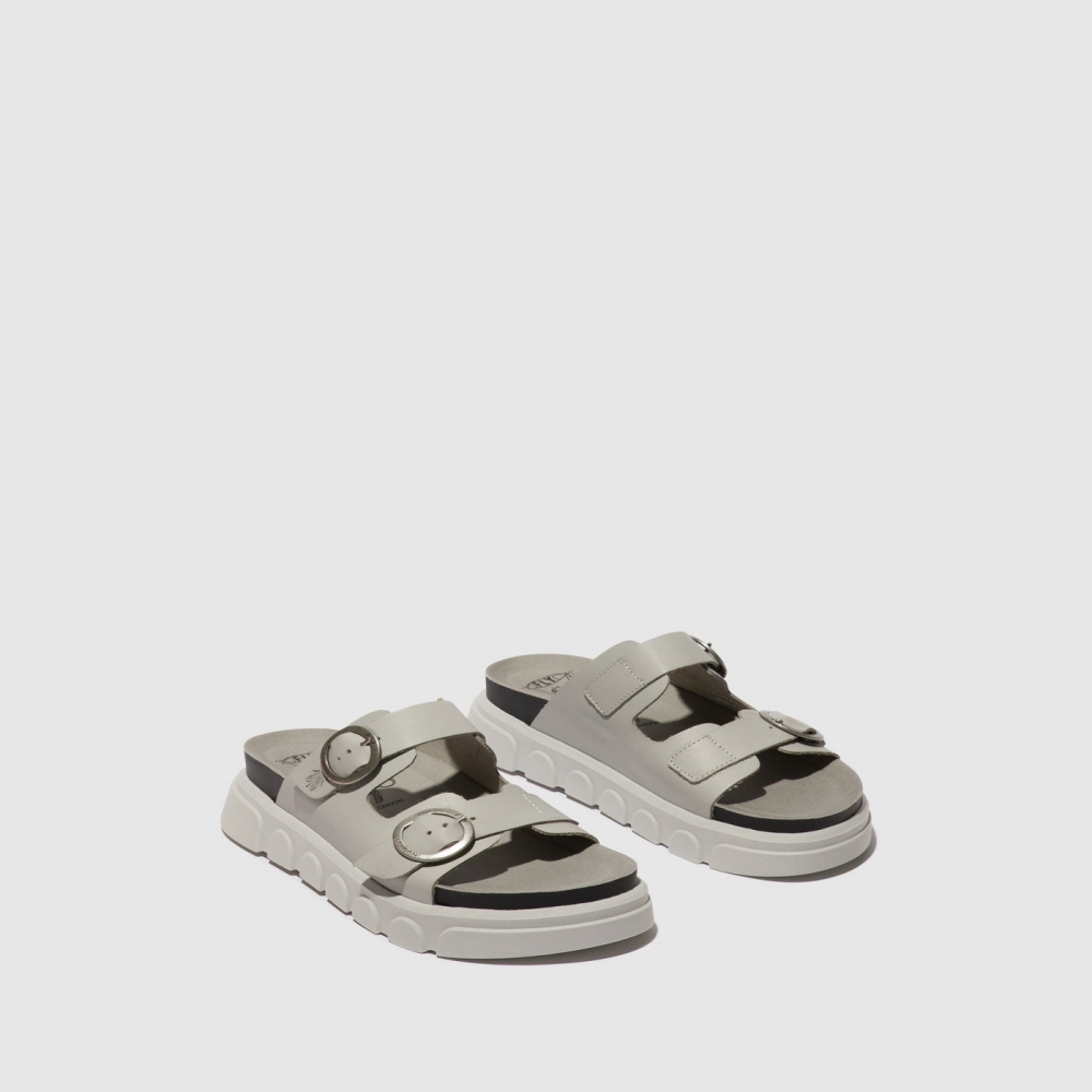 Silver Gray Fly London Buckle Women's Mules | USA12MOPE