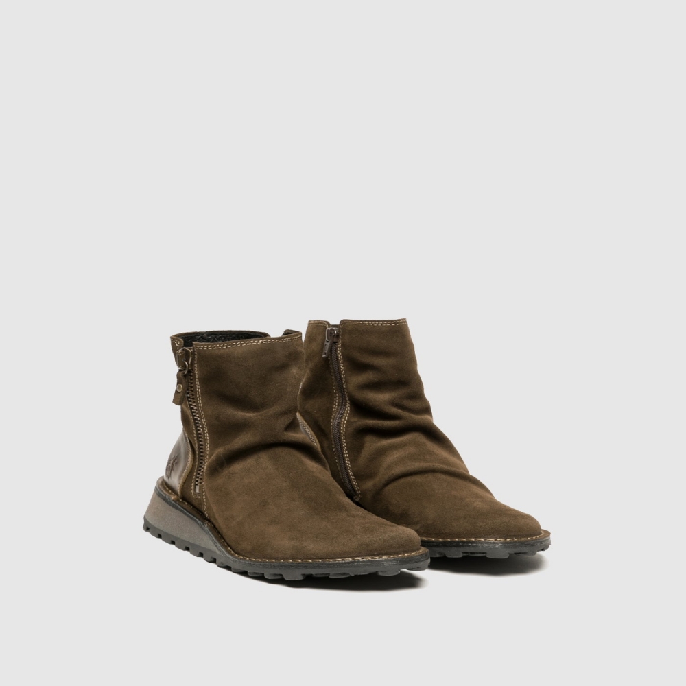 Sludge / Olive Fly London Zip Up Women's Ankle Boots | USA74XUME