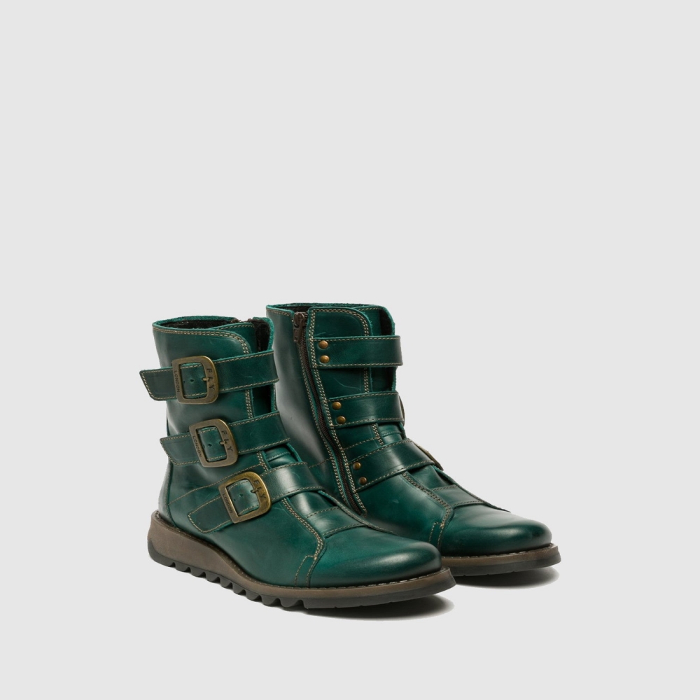 Turquoise Green Fly London Buckle Women's Ankle Boots | USA39XBZF