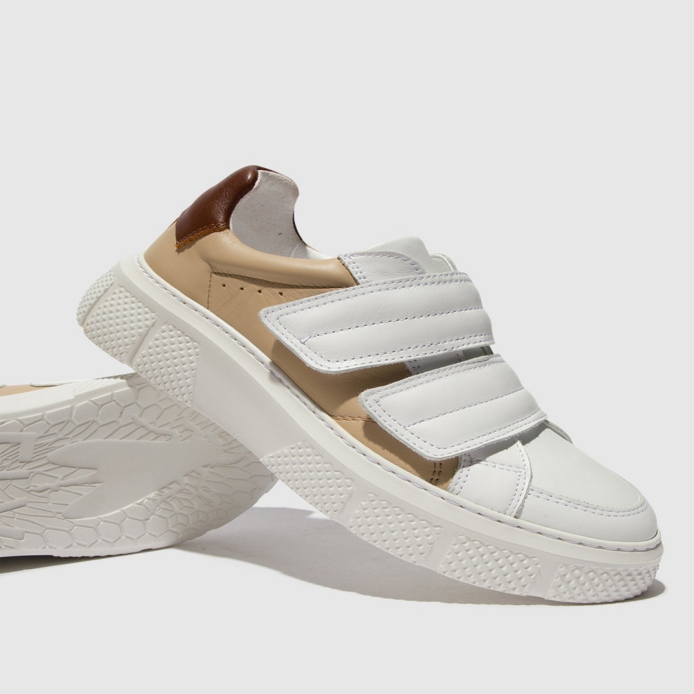 White / Beige / Brown Fly London Velcro Women's Trainers | USA21WUBR