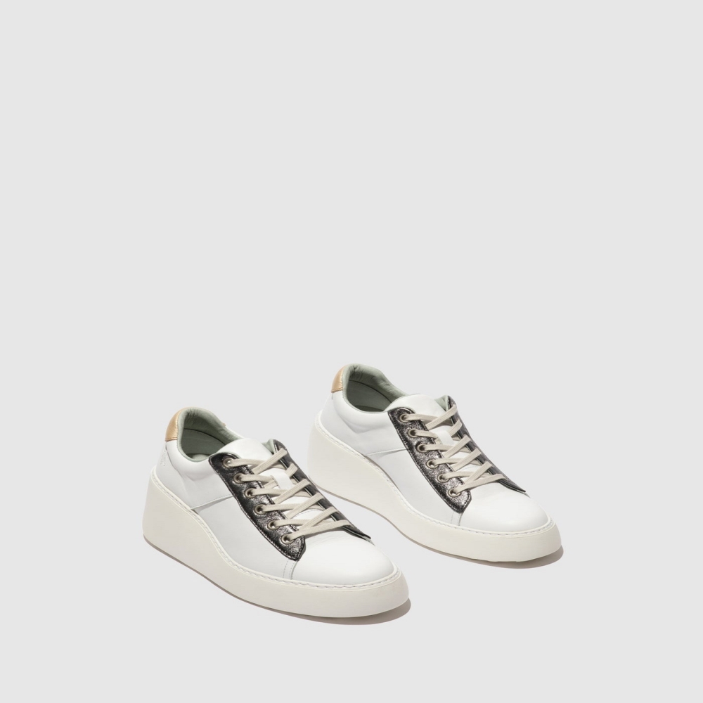 White / Deep Grey / Gold Fly London Lace-up Men's Trainers | USA36MKXJ